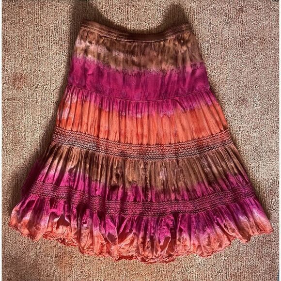 Boho Crinkle Skirt Pink Orange Brown Tiered Crochet Hem Lined - Picture 2 of 5